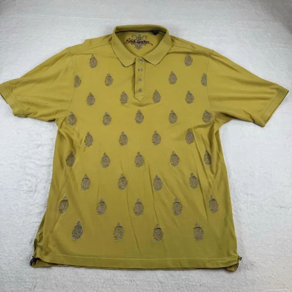 Robert Graham Polo Shirt Mens Size LT Yellow Paisley Embroidered Cotton Knit